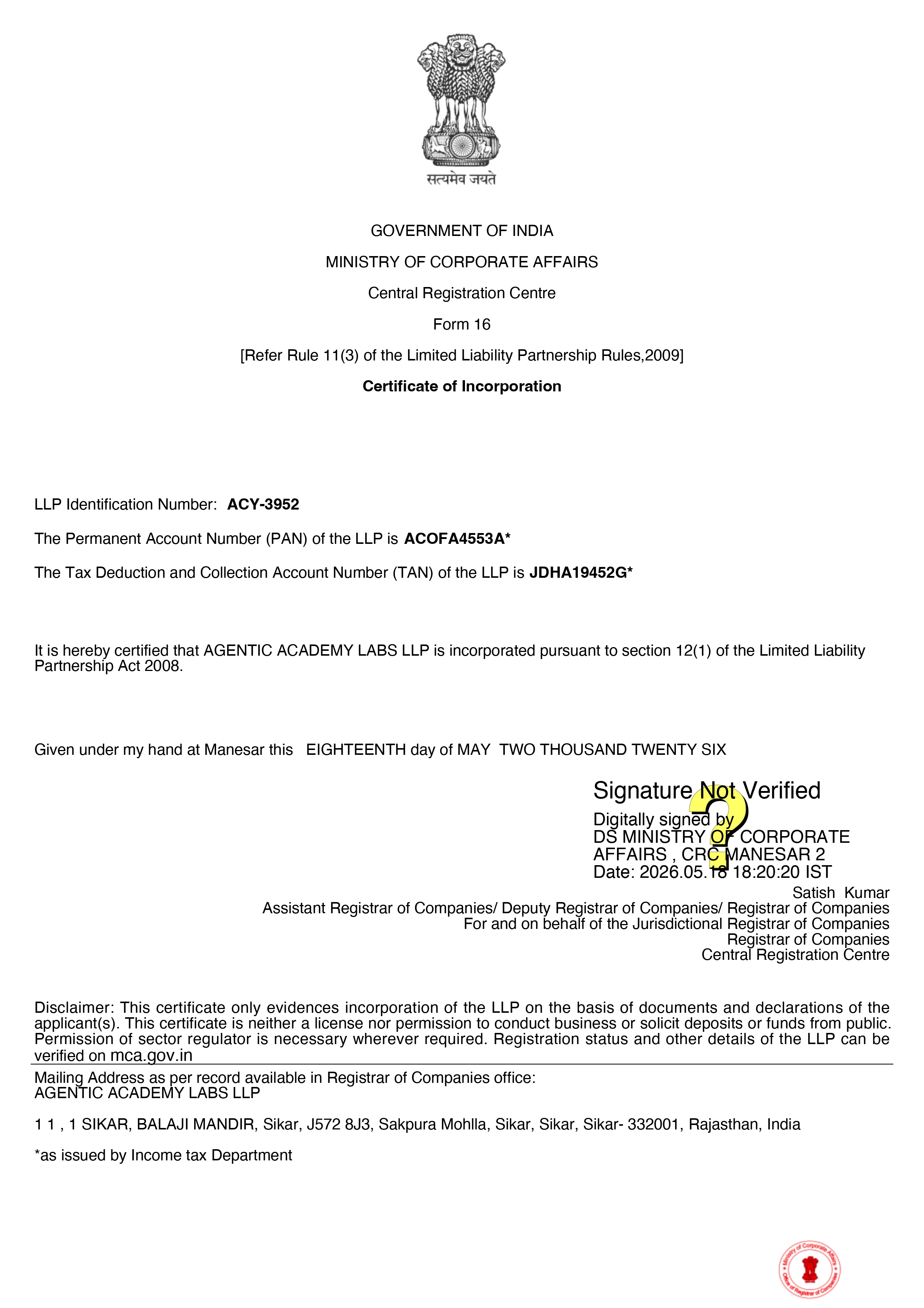 Ministry of Corporate Affairs registration certificate for Agentic Academy Labs