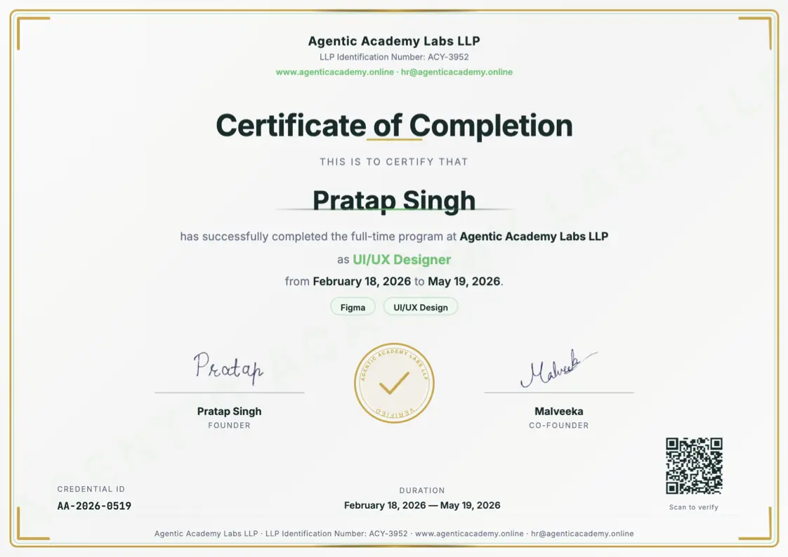 Sample developer internship certificate from Agentic Academy Labs training program